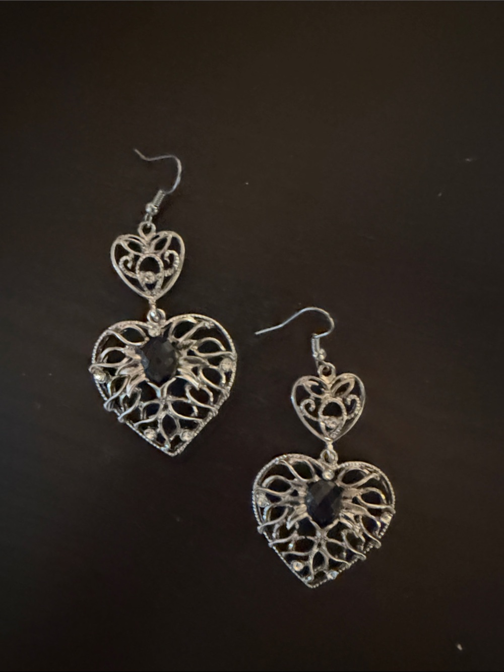Silver-Tone Heart Filigree Dangle Earrings